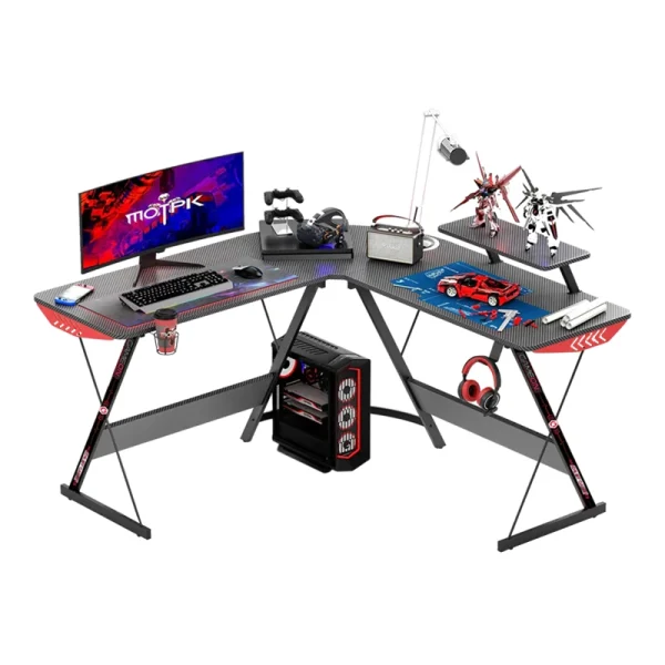 GAMEON L-Shaped Slayer I Series Gaming Desk (129x129x74cm, Tabletop 80x46cm) with Headset Hook, Cup Holder & Accessories Stand – Black