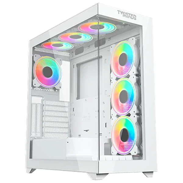 Twisted Minds Quantum Mid-Tower Case – Two Panel Front & Left Side Tempered Glass, 7 ARGB Fans, White