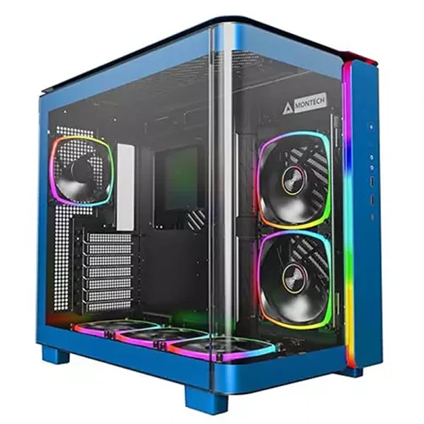 Montech King 95 Dual-Chamber ATX Mid-Tower Gaming Case – High-Airflow, Toolless Panels, Sturdy Curved Tempered Glass Front & Side Panel, ARGB Lighting, Blue