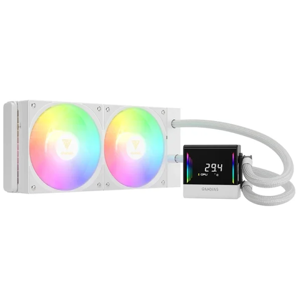 GAMDIAS CHIONE E4 240mm AIO Liquid CPU Cooler with Digital Display, PWM Pump, Hidden Cable Design, ARGB PWM Fan, Intel LGA 1700/1200 & AMD AM5/AM4 Compatibility – White