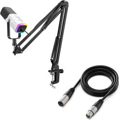 FIFINE Gaming XLR/USB Microphone Kit – Streaming Dynamic Mic Set for PC, Computer Mic for Vocal Podcast Recording and Voiceover, with Headphones Jack, Gain Knob, Arm Stand, White | AmpliGame AM8T
