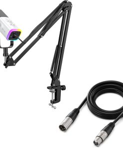 FIFINE Gaming XLR/USB Microphone Kit – Streaming Dynamic Mic Set for PC, Computer Mic for Vocal Podcast Recording and Voiceover, with Headphones Jack, Gain Knob, Arm Stand, White | AmpliGame AM8T