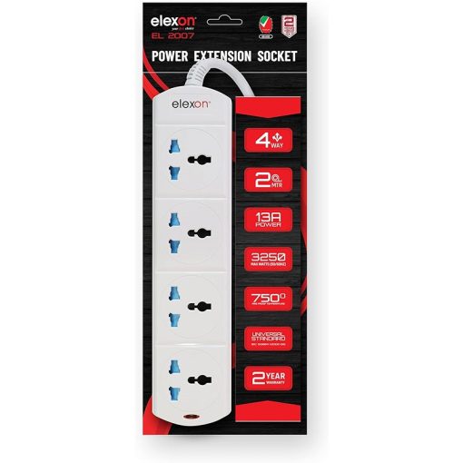 Elexon (EL 2007) Universal Power Extension Cord with 4 Power Sockets, 2 Meter Cable, 4 Way Power Strip, ESMA Certified - White - Image 2