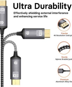 Alternative view of DisplayPort Male-to-Male 8K 60Hz 1.4 Braided Cable – 8K@60Hz, 4K@144Hz, 1080P@240Hz Resolutions, 24K Gold Plated Connector, Nylon Braided, 2 Meters, Gray