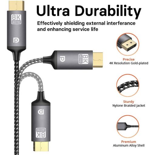 DisplayPort Male-to-Male 8K 60Hz 1.4 Braided Cable – 8K@60Hz, 4K@144Hz, 1080P@240Hz Resolutions, 24K Gold Plated Connector, Nylon Braided, 2 Meters, Gray - Image 2