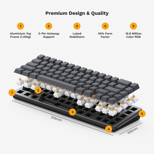 GLORIOUS Gaming GMMK 2 Compact 65% Barebones (Frame Only) - Mechanical Gaming Keyboard Frame, Compact TKL Size (65%), Aluminium, Customisable, Per Key RGB, American QWERTY Layout - Black - Image 2