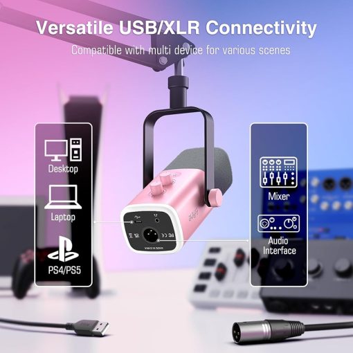 Fifine Streaming Microphone Set – XLR/USB Dynamic Gaming Microphone for Podcasting and Vocal Recording, PC Mic with RGB, Gain Knob, Headphones Jack, Compatible with PS5/Mac, AmpliGame AM8T Pink - Image 2