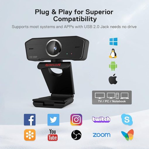 Redragon GW800 1080P PC Webcam with Built-in Dual Microphone, 360° Rotation, 2.0 USB Web Camera – 30 FPS for Online Courses, Video Conferencing & Streaming - Image 2
