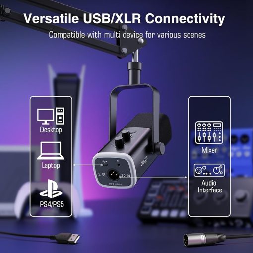 FIFINE XLR/USB Gaming Microphone Set – Dynamic PC Mic for Streaming and Podcasting, RGB Mic Kit with Boom Arm Stand, Mute Button, Headphones Jack, for Recording Vocal and Voice-Over | AmpliGame AM8T - Image 2
