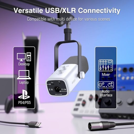 FIFINE Gaming XLR/USB Microphone Kit – Streaming Dynamic Mic Set for PC, Computer Mic for Vocal Podcast Recording and Voiceover, with Headphones Jack, Gain Knob, Arm Stand, White | AmpliGame AM8T - Image 2