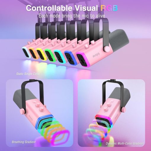 Fifine Streaming Microphone Set – XLR/USB Dynamic Gaming Microphone for Podcasting and Vocal Recording, PC Mic with RGB, Gain Knob, Headphones Jack, Compatible with PS5/Mac, AmpliGame AM8T Pink - Image 3