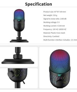Alternative view of Havit GK52 Live Recording Microphone – Black, Cardioid Pickup Pattern, 48kHz/16Bit, Dynamic RGB Lighting, Gain & Mute Buttons, Shock Absorber Support