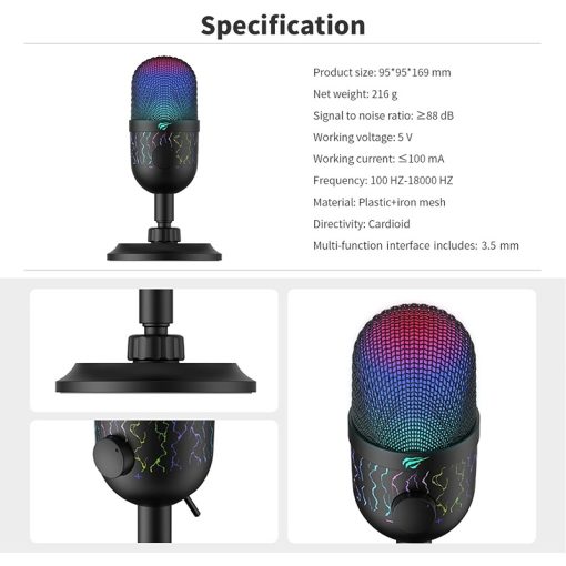 Havit GK52 Live Recording Microphone – Black, Cardioid Pickup Pattern, 48kHz/16Bit, Dynamic RGB Lighting, Gain & Mute Buttons, Shock Absorber Support - Image 2