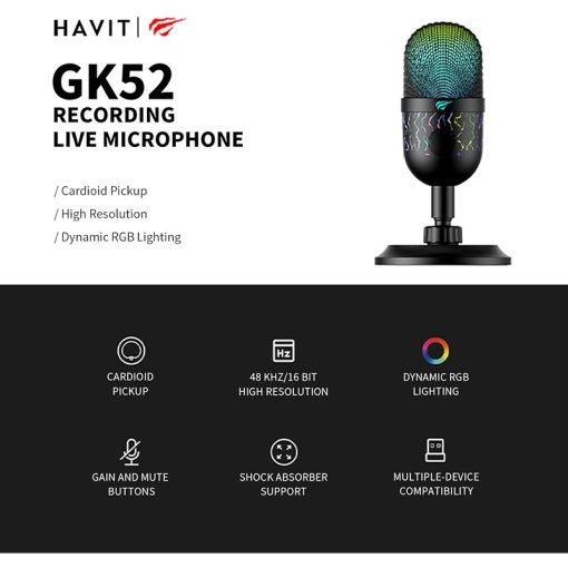 Havit GK52 Live Recording Microphone – Black, Cardioid Pickup Pattern, 48kHz/16Bit, Dynamic RGB Lighting, Gain & Mute Buttons, Shock Absorber Support - Image 3