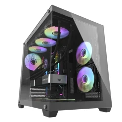 Gaming PC case with RGB fans, transparent side panel, and internal components visible.