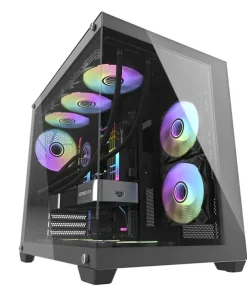 Gaming PC case with RGB fans, transparent side panel, and internal components visible.