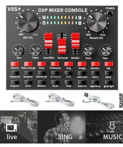 Upgraded V8S+ Sound Card – Universal Audio Mixer with Bluetooth & USB for Mobile, PC & Studio Use