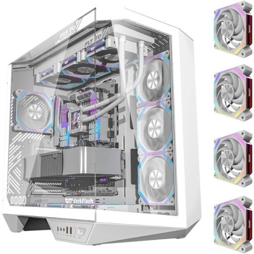 darkFlash DY470 Full Tower ATX Gaming PC Case – Back Plug-in Motherboard, Dual-Chamber, Panoramic Glass, 4 PWM Wireless ARGB Fans, Supports 2x 360mm Radiators – White