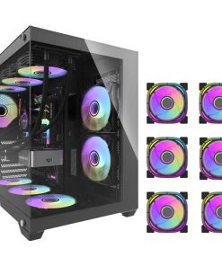 Gaming PC case with RGB fans and six additional RGB fan units on the side.