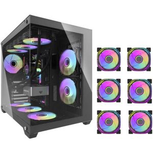 Gaming PC case with RGB fans and six additional RGB fan units on the side.