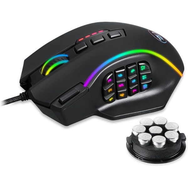 Redragon M901 Perdition RGB Backlit Wired Gaming Mouse – 12400 DPI, 19 Macro Programmable Buttons, Weight Tuning Set, Ergonomic MMO Mouse for Windows PC (Black)