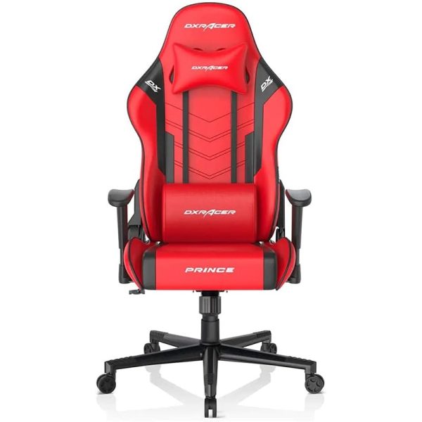 DXRacer Prince Series Ergonomic Gaming Chair Red/Black – Adjustable Armrests, Lumbar & Neck Support, Premium PU Leather, Model GC-P132-RN-F2-158