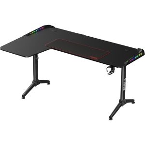 Twisted Minds Warrior L-Shaped Gaming Desk – RGB Lighting, Left-Side Configuration, Spacious Workstation with Cable Management, Model TM-Y-LB-RGB – Black