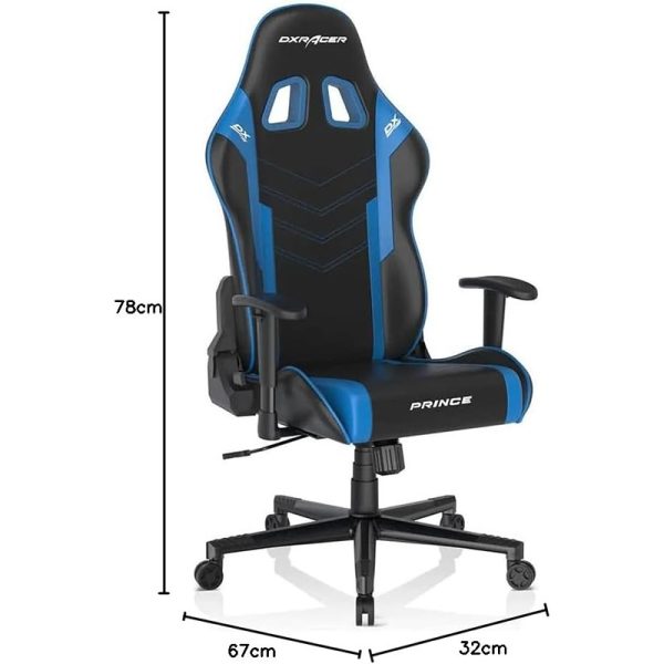 DXRacer Prince Series Ergonomic Gaming Chair Black/Blue – Adjustable Armrests, Lumbar & Neck Support, PU Leather, Model GC-P132-NB-F2-158 - Image 2