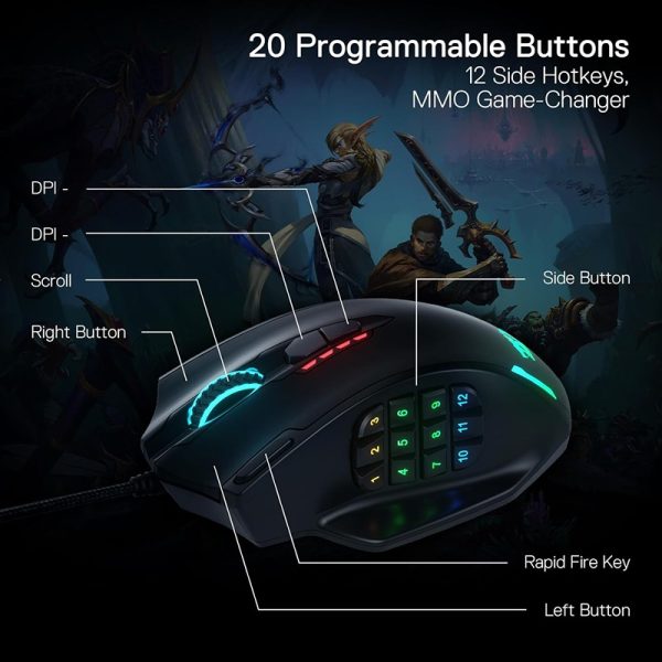 Redragon M908 Impact RGB Wired MMO Gaming Mouse – 20 Programmable Buttons, 12400 DPI Optical Sensor, High Precision RGB LED Backlit - Image 2