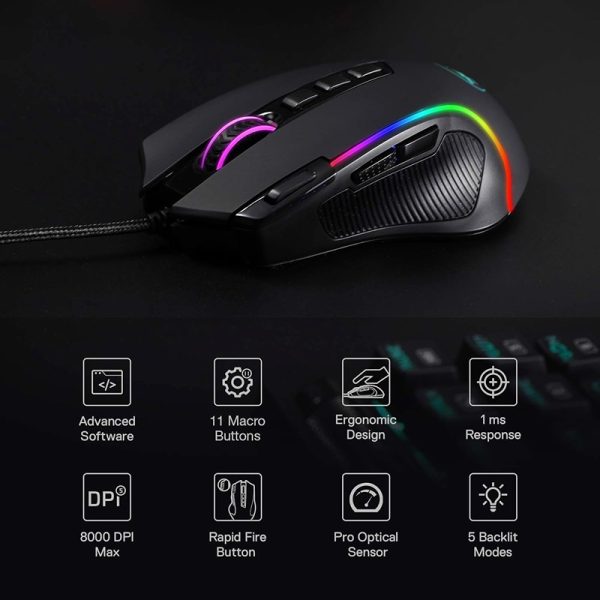Redragon M612 Predator RGB Wired Gaming Mouse – 8000 DPI Optical Sensor, 11 Programmable Buttons, 5 Backlit Modes, DIY Keybinds & Rapid Fire Support - Image 2