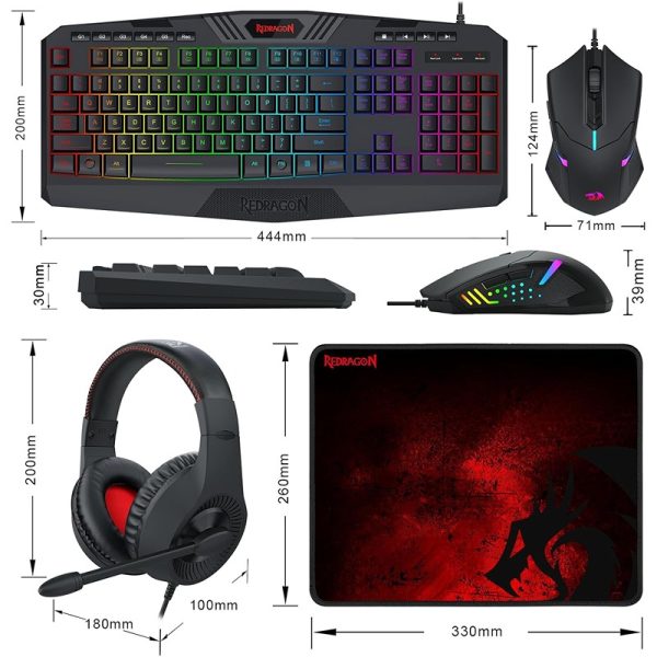 Redragon S101-BA-2 4-in-1 Gaming Combo – RGB Keyboard, Gaming Headset with Mic, Optical Mouse & Mouse Pad Set for PC Gamers – Black - Image 2