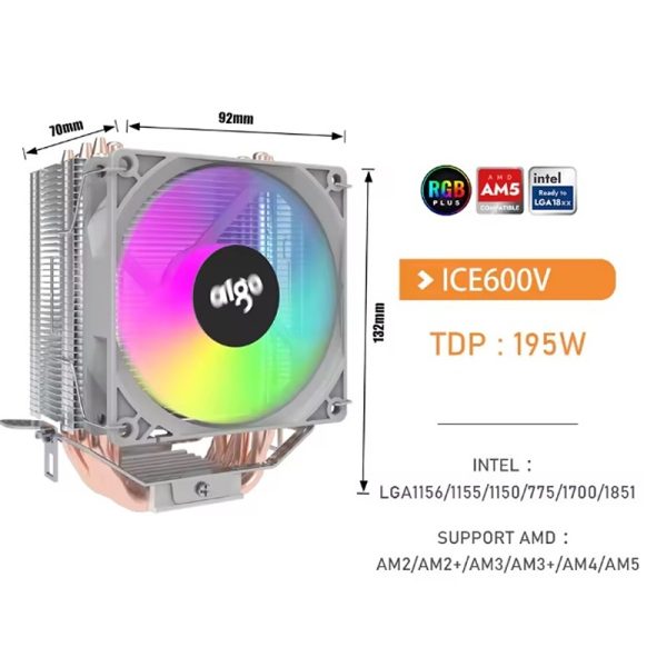 Aigo ICE600V FRGB CPU Air Cooler – 6 Heat Pipes, PWM 4-Pin, Universal Intel & AMD Socket Support - Image 2