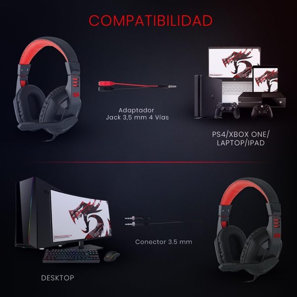 Redragon ARES H120 Wired Over-Ear Gaming Headset with Built-in Noise Reduction Microphone – Multi-Platform Compatibility for PC, Laptop, PS4, Xbox One & Tablets - Image 3