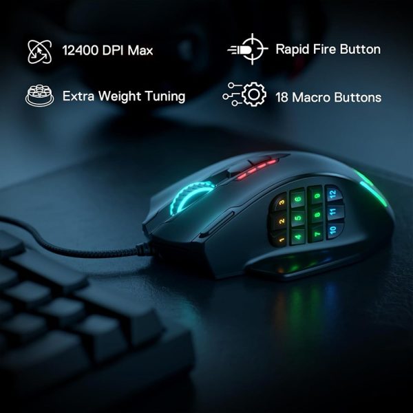 Redragon M908 Impact RGB Wired MMO Gaming Mouse – 20 Programmable Buttons, 12400 DPI Optical Sensor, High Precision RGB LED Backlit - Image 3