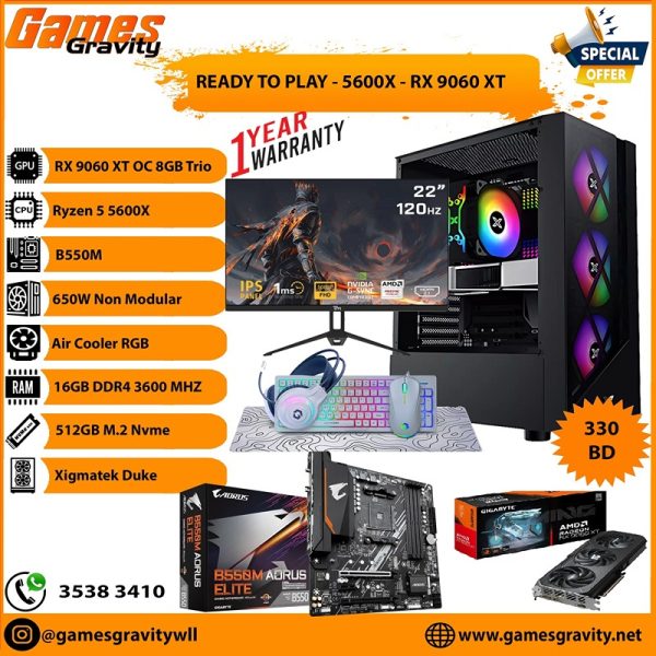Ryzen 5 5600X – AMD RX 9060 XT OC 8GB (Triple Fan) With 22" Monitor and Mouse+Keyboard+Headset+Mousepad