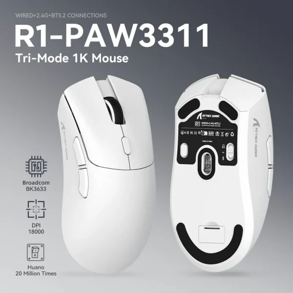 Attack Shark R1 Wireless Gaming Mouse – 18,000 DPI, 59g Ultralight, Tri-Mode Connectivity – White - Image 3