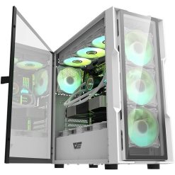 White computer case with glass side panel and RGB lighting on fans and components inside.