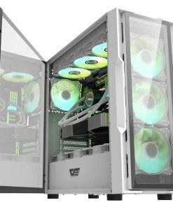 White computer case with glass side panel and RGB lighting on fans and components inside.