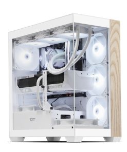 Sleek white computer case with glass side panel, showcasing RGB fans and high-end components.