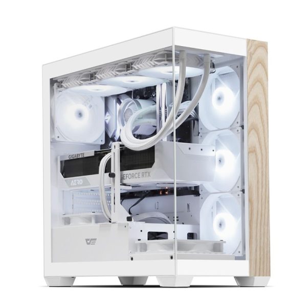 darkFlash DS900 Wood Edition ATX Mid-Tower PC Case – 7x Pre-Installed ARGB Fans, Dual Tempered Glass, Type-C Port, 360mm Radiator Support – White