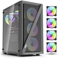 Gray computer case with glass side panel and three RGB fans, plus four additional fans.