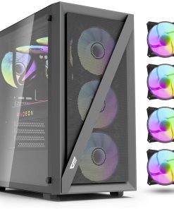 Gray computer case with glass side panel and three RGB fans, plus four additional fans.