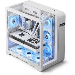 White PC case with blue LED fans, showcasing internal components like GPU and water cooling system.