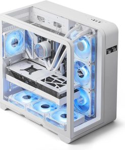 White PC case with blue LED fans, showcasing internal components like GPU and water cooling system.