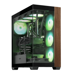A sleek gaming PC case with glass panels and vibrant green-lit fans.