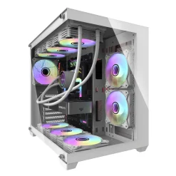 A sleek white computer case showcases colorful RGB fans and a visible GPU inside.