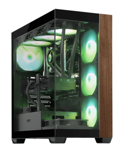 A sleek gaming PC case with glass panels and vibrant green-lit fans.