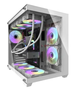 A sleek white computer case showcases colorful RGB fans and a visible GPU inside.