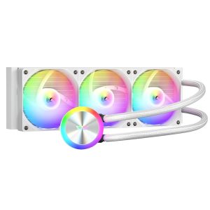 RGB liquid cooling system with three fans and a circular pump in white.