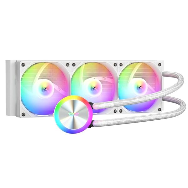 RGB liquid cooling system with three fans and a circular pump in white.